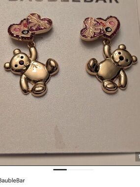 BaubleBar Gold Teddy Bear Drop Earrings Pink Heart Bow Studs NWT Cute Kawaii